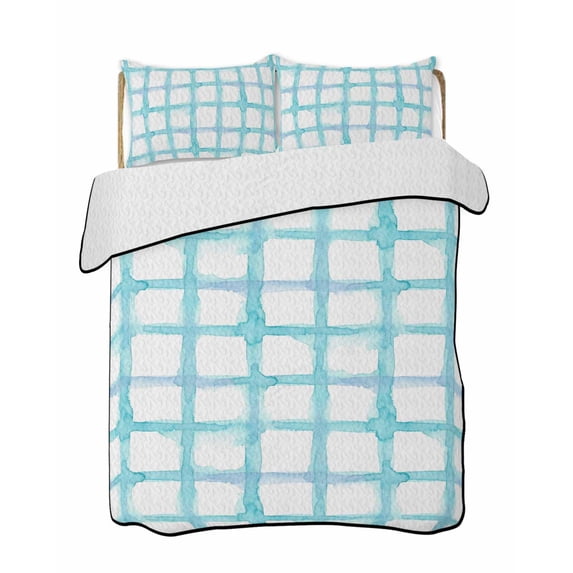 Quilts Queen Size Bedding Set, Blue Plaid Reversible Summer Quilt 3 Pieces, Farmhouse Buffalo Check Stripes Modern Geometric Lightweight Bedspreads Coverlets with 2 Pillow Shams for All Seasons