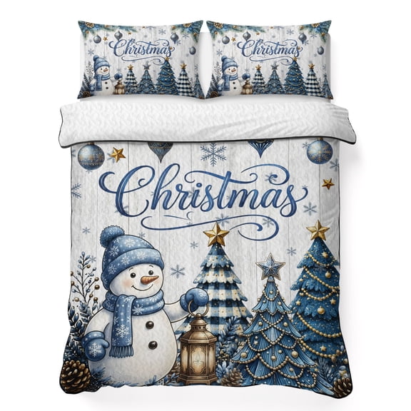 Quilts Queen Size Bedding Set, Blue Snowman Christmas Lightweight Quilted Comforter, Xmas Tree Balls Pine Needle Vintage Reversible Bedspread Coverlet with Pillow Covers for All Season, 90" x 96"