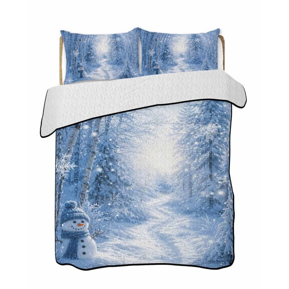 Quilts Queen Size Bedding Set, Blue Snowman Christmas Reversible Summer Quilt 3 Pieces, Xmas Trees Snowflake Winter Lightweight Bedspreads Coverlets with 2 Pillow Shams for All Seasons