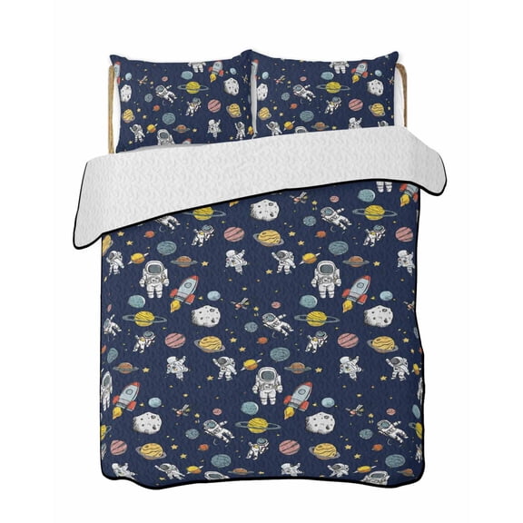 Quilts Queen Size Bedding Set, Blue Space Lightweight Quilted Comforter, Cartoon Cute Spaceship Planet Star Funny Soft Reversible Bedspread Coverlet with Pillow Covers for All Season, 90" x 96"