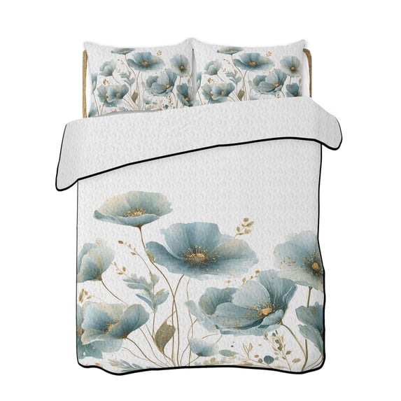 Quilts Queen Size Bedding Set, Blue Spring Floral Reversible Summer Quilt 3 Pieces, Summer Elegant Botanical Luxury Lightweight Bedspreads Coverlets with 2 Pillow Shams for All Seasons