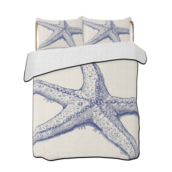 Quilts Queen Size Bedding Set, Blue Starfish Coastal Reversible Summer Quilt 3 Pieces, Summer Beach Nautical Beige Lightweight Bedspreads Coverlets with 2 Pillow Shams for All Seasons