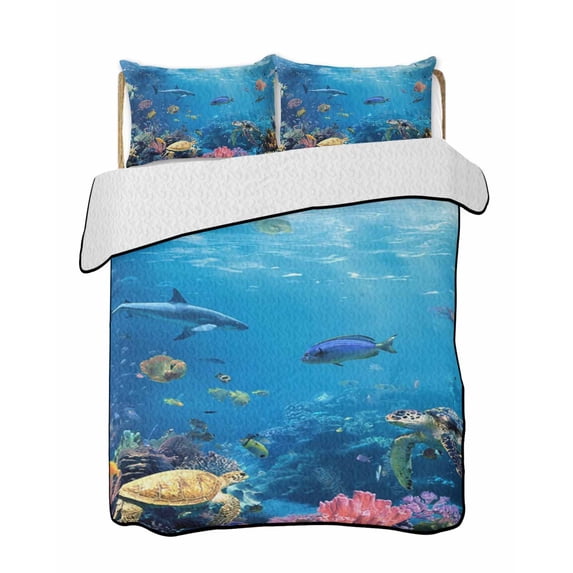 Quilts Queen Size Bedding Set, Blue Turtle Coastal Lightweight Quilted Comforter, Summer Beach Nautical Ocean Coral Soft Reversible Bedspread Coverlet with Pillow Covers for All Season, 90" x 96"