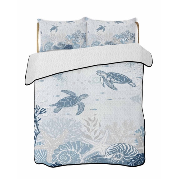 Quilts Queen Size Bedding Set, Blue Turtle Coastal Reversible Summer Quilt 3 Pieces, Nautical Summer Beach Coral Shell Starfish Lightweight Bedspreads Coverlets with 2 Pillow Shams for All Seasons