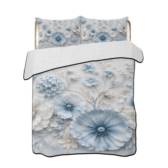 Quilts Queen Size Bedding Set, Blue White Floral Reversible Summer Quilt 3 Pieces, Modern Chic Blooming Flowers Leaves Lightweight Bedspreads Coverlets with 2 Pillow Shams for All Seasons
