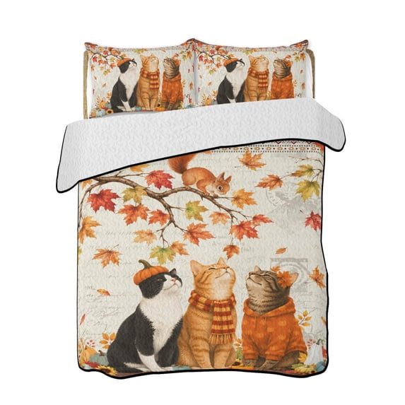 Quilts Queen Size Bedding Set, Boho Fall Cat Reversible Summer Quilt 3 Pieces, Thanksgiving Autumn Harvest Pumpkin Maple Leaf Lightweight Bedspreads Coverlets with 2 Pillow Shams for All Seasons