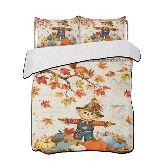 Quilts Queen Size Bedding Set, Boho Fall Scarecrows Reversible Summer Quilt 3 Pieces, Thanksgiving Autumn Pumpkins Maple Leaf Lightweight Bedspreads Coverlets with 2 Pillow Shams for All Seasons