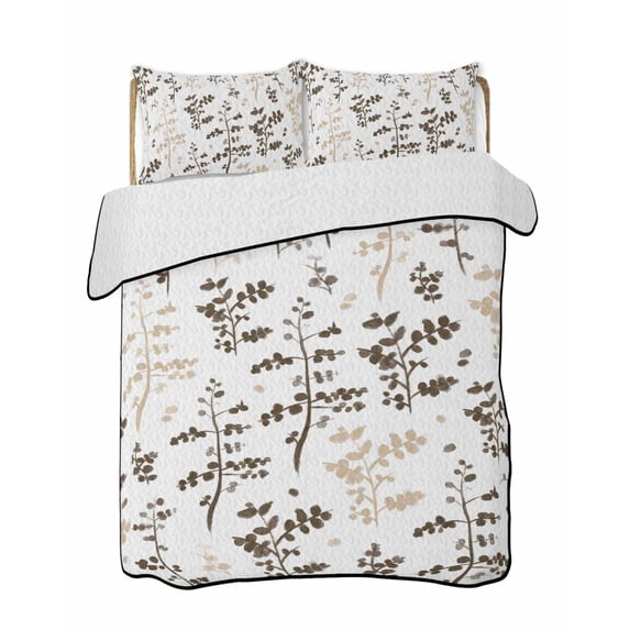 Quilts Queen Size Bedding Set, Brown Beige Botanical Reversible Summer Quilt 3 Pieces, Watercolor Spring Floral Summer Leaf Lightweight Bedspreads Coverlets with 2 Pillow Shams for All Seasons