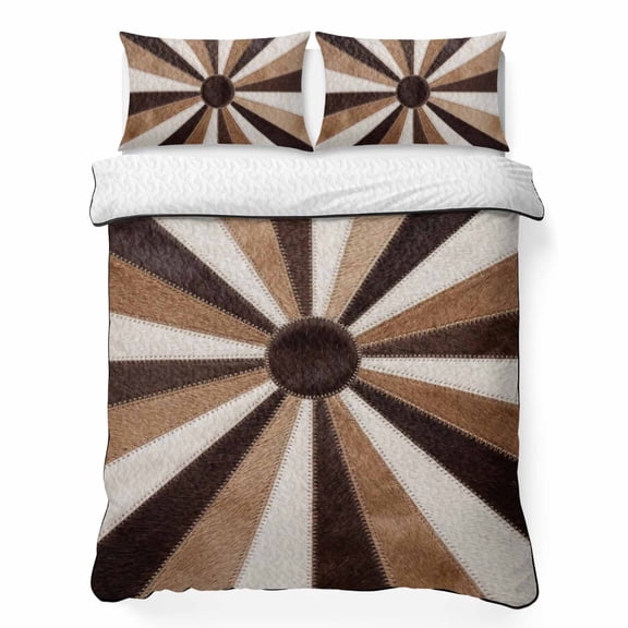 Quilts Queen Size Bedding Set, Brown Boho Lightweight Quilted Comforter, Modern Abstract Cowhide Patchwork Print Soft Reversible Bedspread Coverlet with Pillow Covers for All Season, 90" x 96"