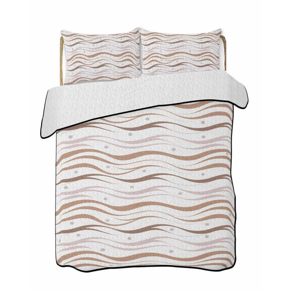 Quilts Queen Size Bedding Set, Brown Stripes Reversible Summer Quilt 3 Pieces, Minimalism Ombre Waves Abstract Textures Lightweight Bedspreads Coverlets with 2 Pillow Shams for All Seasons