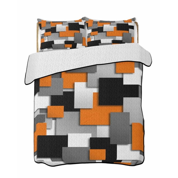 Quilts Queen Size Bedding Set, Burnt Orange Black Geometric Reversible Summer Quilt 3 Pieces, Modern Abstract Art Block Lightweight Bedspreads Coverlets with 2 Pillow Shams for All Seasons