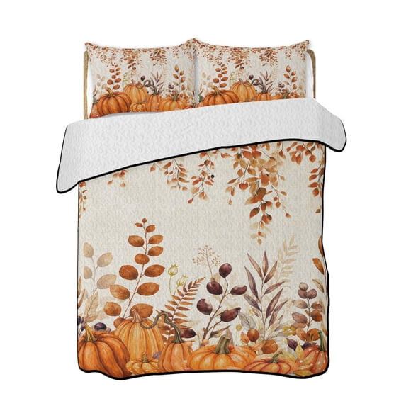 Quilts Queen Size Bedding Set, Burnt Orange Pumpkins Thanksgiving Reversible Summer Quilt 3 Pieces, Fall Eucalyptus Leaves Rustic Botanical Lightweight Bedspreads Coverlets with 2 Pillow Shams