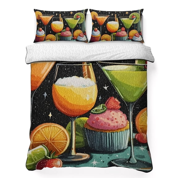 Quilts Queen Size Bedding Set, Cartoon Cupcakes Lightweight Quilted Comforter, Funny Cute Food Starry Sky Black Soft Reversible Bedspread Coverlet with Pillow Covers for All Season, 90" x 96"