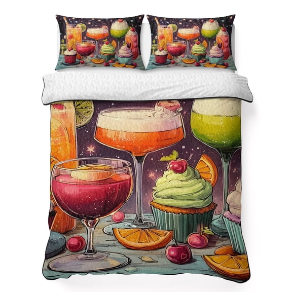 Quilts Queen Size Bedding Set, Cartoon Cupcakes Lightweight Quilted Comforter, Funny Cute Food Starry Sky Pink Soft Reversible Bedspread Coverlet with Pillow Covers for All Season, 90" x 96"