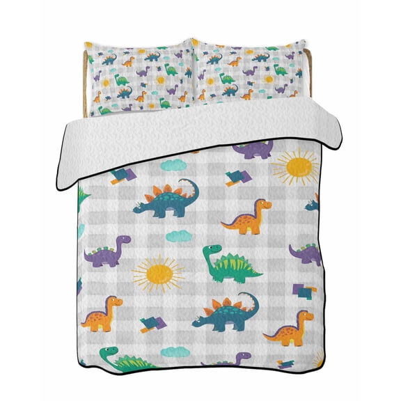 Quilts Queen Size Bedding Set, Cartoon Dinosaur Reversible Summer Quilt 3 Pieces, Watercolor Funny Cute Dino Sun Grey Plaid Lightweight Bedspreads Coverlets with 2 Pillow Shams for All Seasons