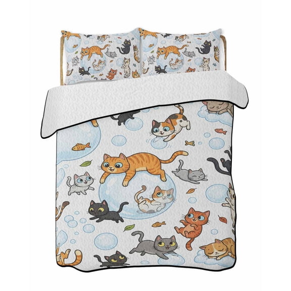 Quilts Queen Size Bedding Set, Cat Reversible Summer Quilt 3 Pieces, Funny Cute Fish Leaves Bubble Lightweight Bedspreads Coverlets with 2 Pillow Shams for All Seasons