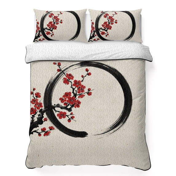 Quilts Queen Size Bedding Set, Cherry Blossom Lightweight Quilted Comforter, Asian Japanese Red Plum Flower Retro Beige Soft Reversible Bedspread Coverlet with Pillow Covers for All Season, 90" x 96"