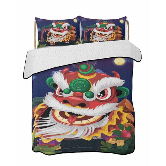 Quilts Queen Size Bedding Set, Chinese Lion Dance Lightweight Quilted Comforter, Rustic Chinese New Year Paintings Soft Reversible Bedspread Coverlet with Pillow Covers for All Season, 90" x 96"