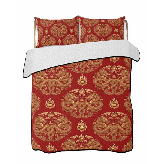 Quilts Queen Size Bedding Set, Chinese New Year Lightweight Quilted Comforter, Yellow Dragon Traditional Vintage Red Soft Reversible Bedspread Coverlet with Pillow Covers for All Season, 90" x 96"