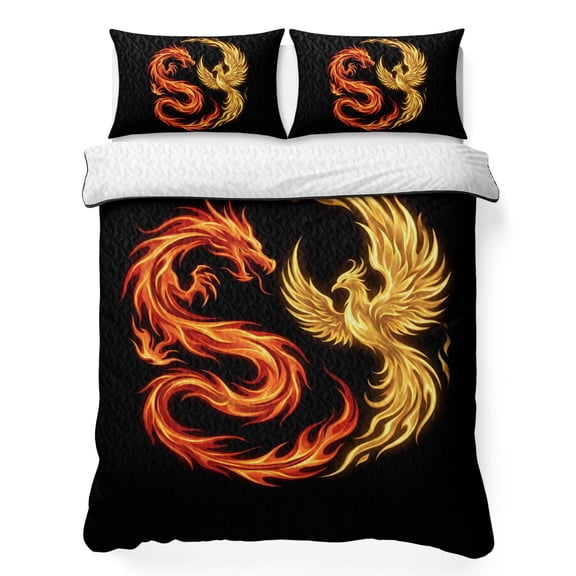 Quilts Queen Size Bedding Set, Chinese Style Lightweight Quilted Comforter, Dragon Phoenix Gradient Fire Aesthetic Soft Reversible Bedspread Coverlet with Pillow Covers for All Season, 90" x 96"