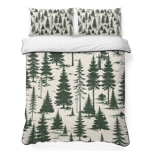 Quilts Queen Size Bedding Set, Christmas Forest Lightweight Quilted Comforter, Winter Xmas Pine Tree Natural Woodland Soft Reversible Bedspread Coverlet with Pillow Covers for All Season, 90" x 96"