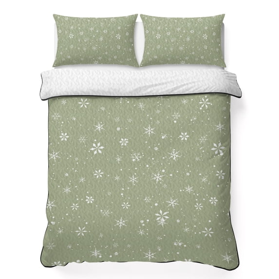 Quilts Queen Size Bedding Set, Christmas Snowflake Lightweight Quilted Comforter, Xmas Snowy Winter Farmhouse Sage Green Reversible Bedspread Coverlet with Pillow Covers for All Season, 90" x 96"