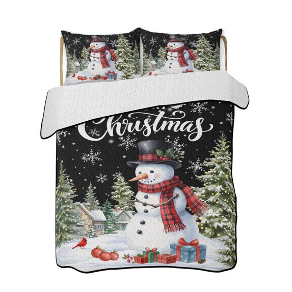 Quilts Queen Size Bedding Set, Christmas Snowman Reversible Summer Quilt 3 Pieces, Winter Snowflakes Country Xmas Trees Black Lightweight Bedspreads Coverlets with 2 Pillow Shams for All Seasons