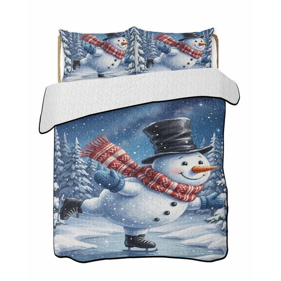Quilts Queen Size Bedding Set, Christmas Snowman Reversible Summer Quilt 3 Pieces, Winter Xmas Trees Snowflakes Blue Lightweight Bedspreads Coverlets with 2 Pillow Shams for All Seasons