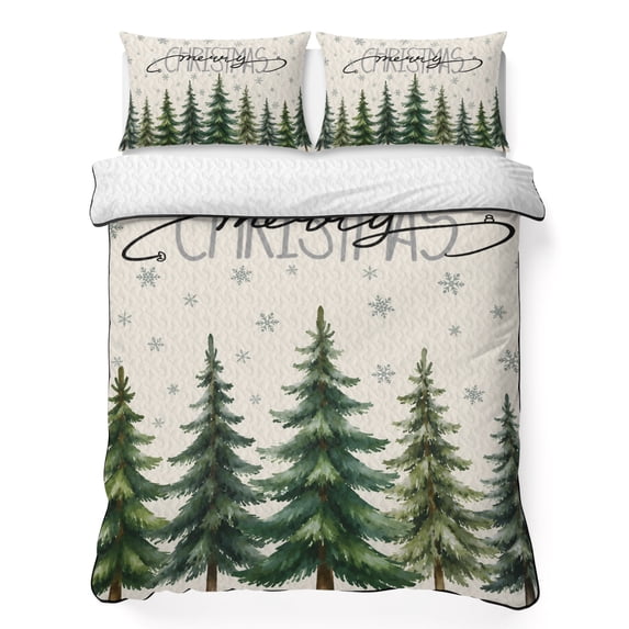 Quilts Queen Size Bedding Set, Christmas Tree Lightweight Quilted Comforter, Xmas Trees Green Snowflake Rustic Soft Reversible Bedspread Coverlet with Pillow Covers for All Season, 90" x 96"