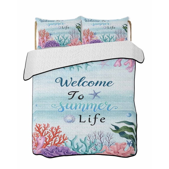 Quilts Queen Size Bedding Set, Coastal Coral Reversible Summer Quilt 3 Pieces, Summer Underwater Seaweed Starfish Ombre Blue Lightweight Bedspreads Coverlets with 2 Pillow Shams for All Seasons