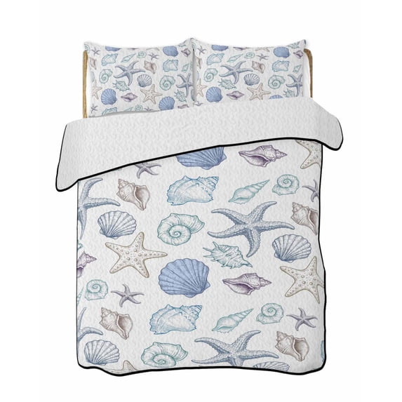 Quilts Queen Size Bedding Set, Coastal Nautical Reversible Summer Quilt 3 Pieces, Watercolor Beach Shell Starfish Conch Summer Lightweight Bedspreads Coverlets with 2 Pillow Shams for All Seasons