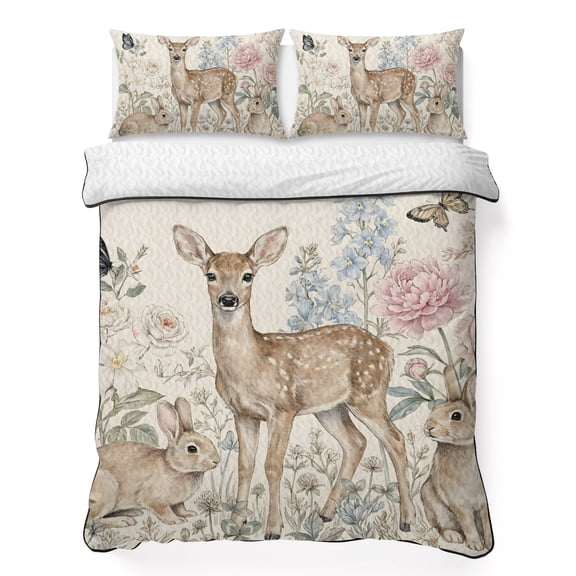 Quilts Queen Size Bedding Set, Country Animals Lightweight Quilted Comforter, Rabbits Deer Rustic Wildflowers Pastoral Soft Reversible Bedspread Coverlet with Pillow Covers for All Season, 90" x 96"