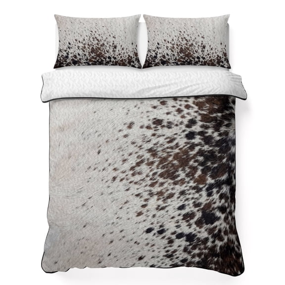 Quilts Queen Size Bedding Set, Cow Fur Print Lightweight Quilted Comforter, Farmhouse Vintage Country Cowhide Black Grey Reversible Bedspread Coverlet with Pillow Covers for All Season, 90" x 96"
