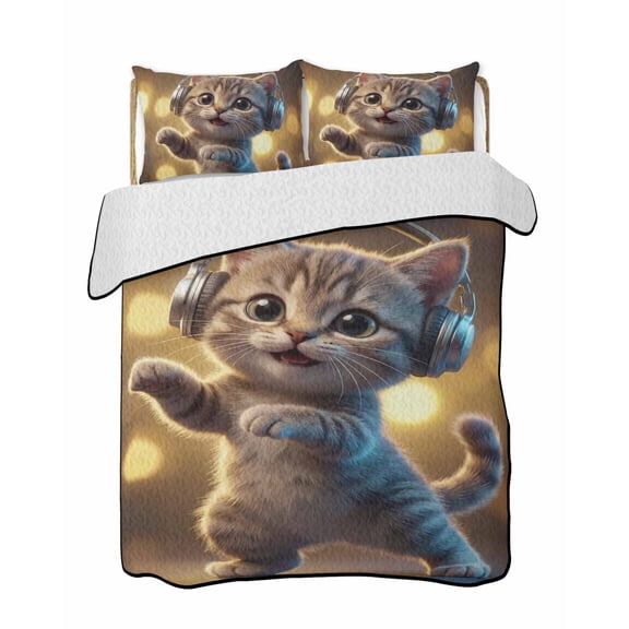 Quilts Queen Size Bedding Set, Cute Cat Lightweight Quilted Comforter, Funny Abstract Animals Print Soft Reversible Bedspread Coverlet with Pillow Covers for All Season, 90" x 96"