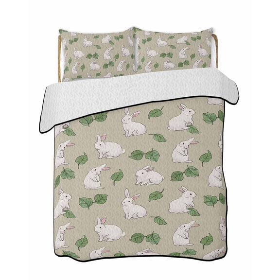 Quilts Queen Size Bedding Set, Cute Rabbits Reversible Summer Quilt 3 Pieces, Country Leaves Botanical Cartoon Bunny Beige Lightweight Bedspreads Coverlets with 2 Pillow Shams for All Seasons