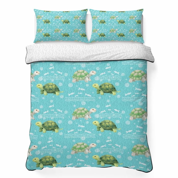 Quilts Queen Size Bedding Set, Cute Sea Turtles Lightweight Quilted Comforter, Summer Ocean Animals Waves Teal Blue Soft Reversible Bedspread Coverlet with Pillow Covers for All Season, 90" x 96"