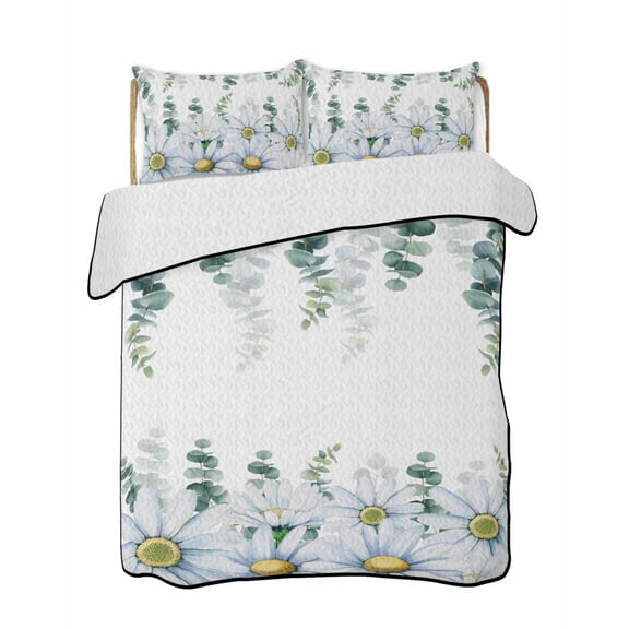 Quilts Queen Size Bedding Set, Daisy Eucalyptus Reversible Summer Quilt 3 Pieces, Farmhouse Weeping Botanical Lightweight Bedspreads Coverlets with 2 Pillow Shams for All Seasons