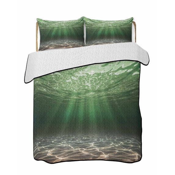 Quilts Queen Size Bedding Set, Dark Green Ocean Waves Reversible Summer Quilt 3 Pieces, Summer Beach Coastal Abstract Lightweight Bedspreads Coverlets with 2 Pillow Shams for All Seasons