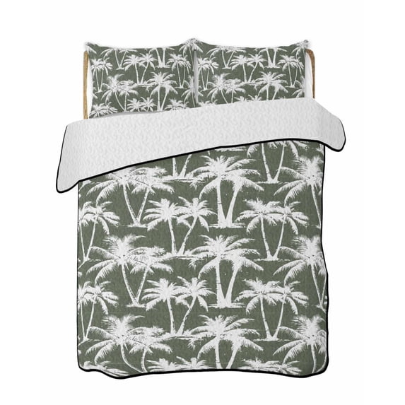Quilts Queen Size Bedding Set, Dark Green Palm Tree Summer Lightweight Quilted Comforter, Beach Tropical Botanical Soft Reversible Bedspread Coverlet with Pillow Covers for All Season, 90" x 96"