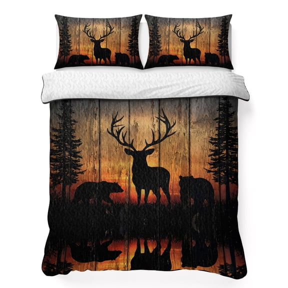 Quilts Queen Size Bedding Set, Deer Bear Lightweight Quilted Comforter, Rustic Forest Sunset Pine Tree Natural Landscape Reversible Bedspread Coverlet with Pillow Covers for All Season, 90" x 96"