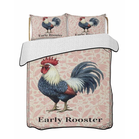 Quilts Queen Size Bedding Set, Early Rooster Reversible Summer Quilt 3 Pieces, Pink Spring Farmhouse Leaves Burlap Lightweight Bedspreads Coverlets with 2 Pillow Shams for All Seasons