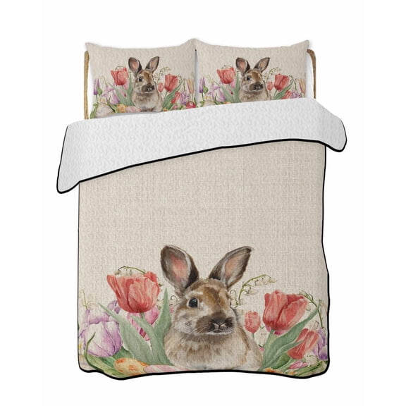 Quilts Queen Size Bedding Set, Easter Rabbit Reversible Summer Quilt 3 Pieces, Spring Tulips Flowers Leaves Botanical Retro Lightweight Bedspreads Coverlets with 2 Pillow Shams for All Seasons