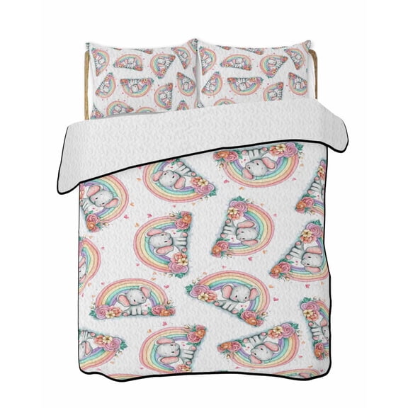 Quilts Queen Size Bedding Set, Elephant Lightweight Quilted Comforter, Cute Rainbow Animals Colorful Cartoon Soft Reversible Bedspread Coverlet with Pillow Covers for All Season, 90" x 96"