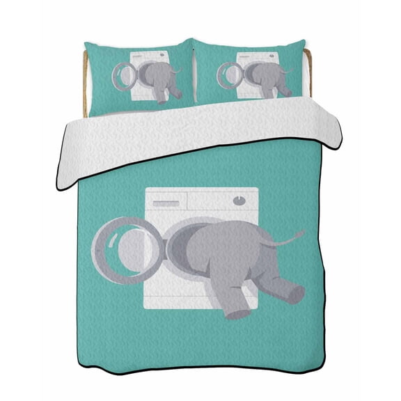 Quilts Queen Size Bedding Set, Elephant Reversible Summer Quilt 3 Pieces, Teal Laundry Room Washing Machine Lightweight Bedspreads Coverlets with 2 Pillow Shams for All Seasons