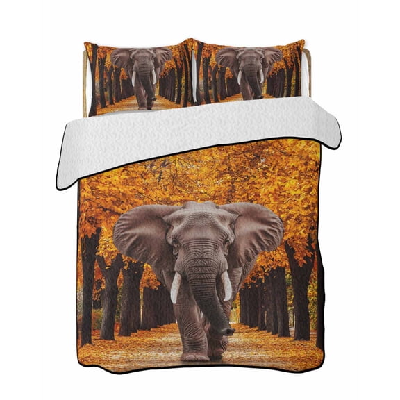 Quilts Queen Size Bedding Set, Elephants Lightweight Quilted Comforter, Yellow Leaves Trees Modern Art Animals Soft Reversible Bedspread Coverlet with Pillow Covers for All Season, 90" x 96"