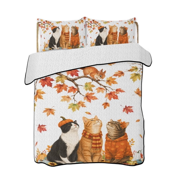 Quilts Queen Size Bedding Set, Fall Cat Reversible Summer Quilt 3 Pieces, Thanksgiving Autumn Harvest Pumpkins Maple Leaves Lightweight Bedspreads Coverlets with 2 Pillow Shams for All Seasons