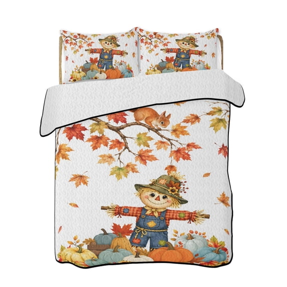 Quilts Queen Size Bedding Set, Fall Scarecrows Reversible Summer Quilt 3 Pieces, Thanksgiving Autumn Harvest Pumpkins Leaves Lightweight Bedspreads Coverlets with 2 Pillow Shams for All Seasons