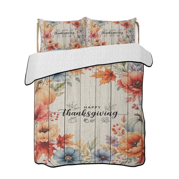Quilts Queen Size Bedding Set, Fall Wreath Reversible Summer Quilt 3 Pieces, Happy Thanksgiving Botanical Leaves Wooden Lightweight Bedspreads Coverlets with 2 Pillow Shams for All Seasons