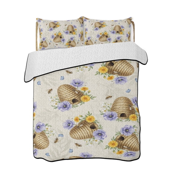 Quilts Queen Size Bedding Set, Farmhouse Bees Reversible Summer Quilt 3 Pieces, Vintage Honeybees Flowers Burlap Lightweight Bedspreads Coverlets with 2 Pillow Shams for All Seasons