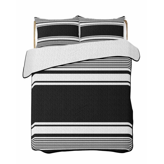 Quilts Queen Size Bedding Set, Farmhouse Black Lightweight Quilted Comforter, Farmhouse Black Line Striped Soft Reversible Bedspread Coverlet with Pillow Covers for All Season, 90" x 96"